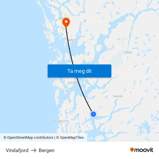 Vindafjord to Bergen map