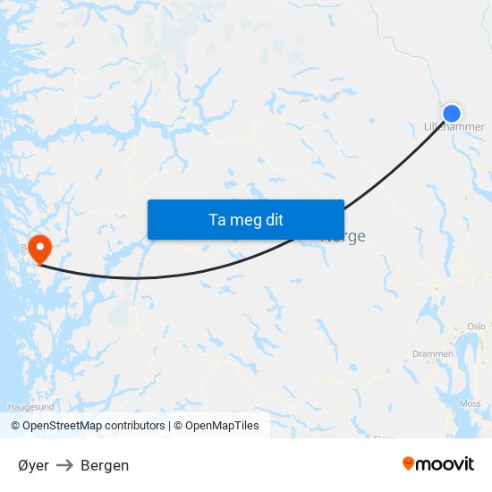 Øyer to Bergen map