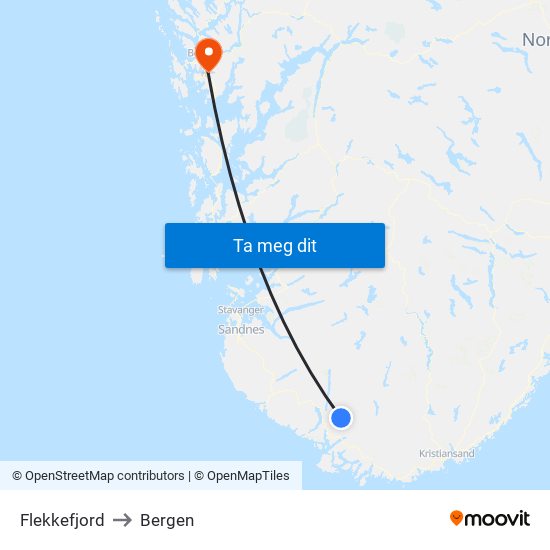 Flekkefjord to Bergen map