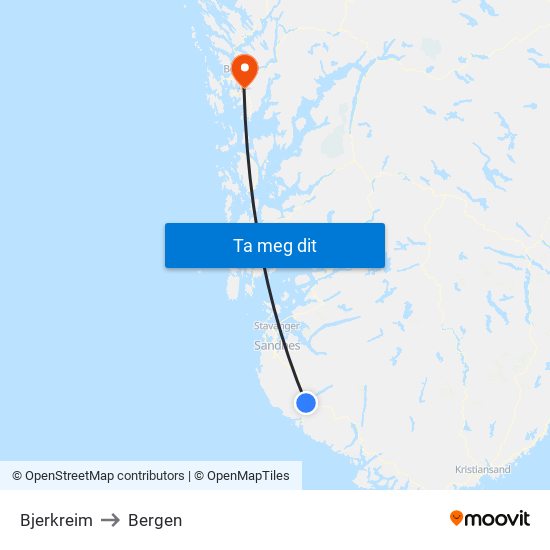 Bjerkreim to Bergen map