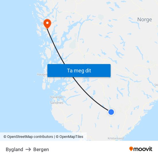 Bygland to Bergen map