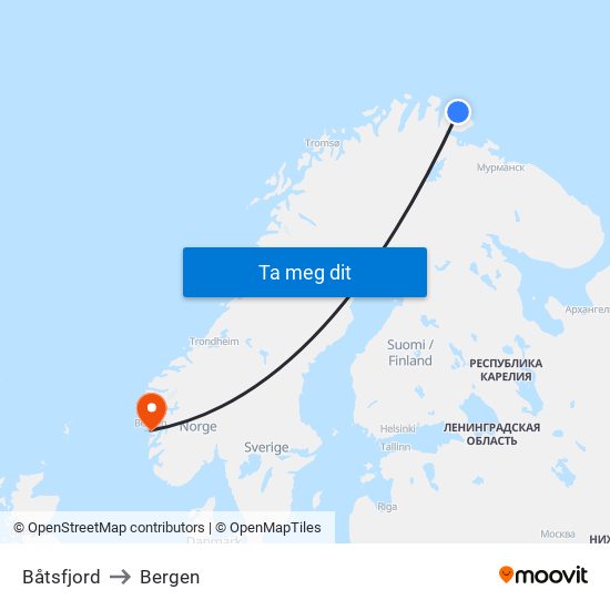 Båtsfjord to Bergen map