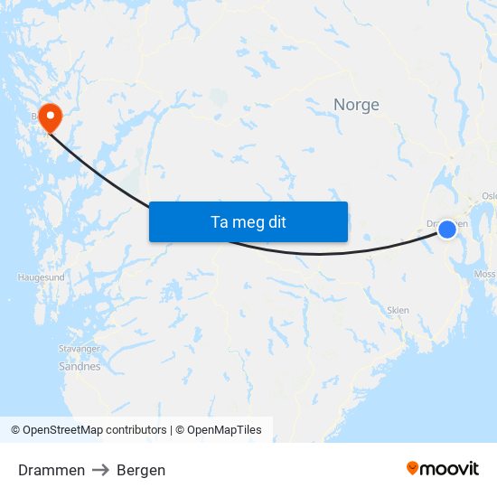 Drammen to Bergen map