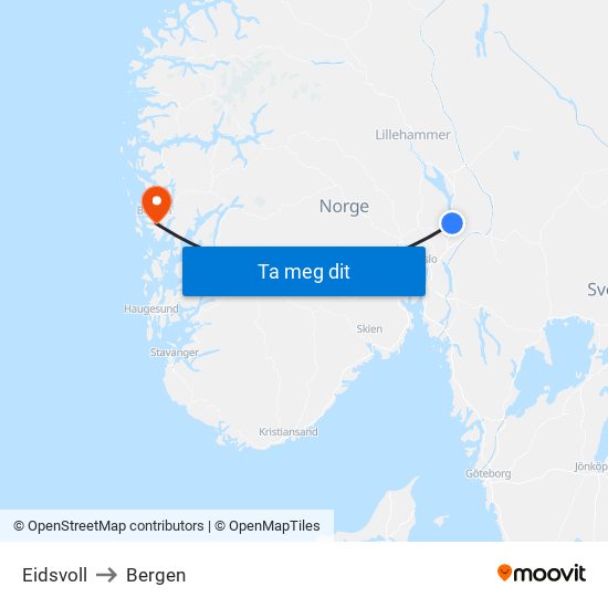 Eidsvoll to Bergen map