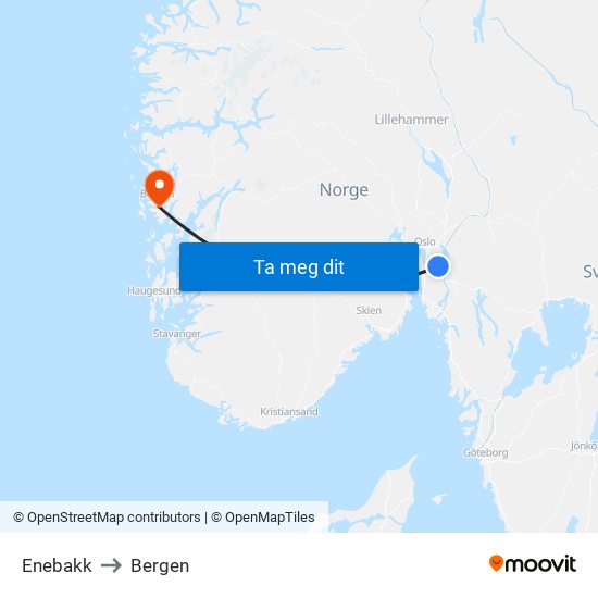 Enebakk to Bergen map