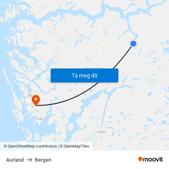 Aurland to Bergen map