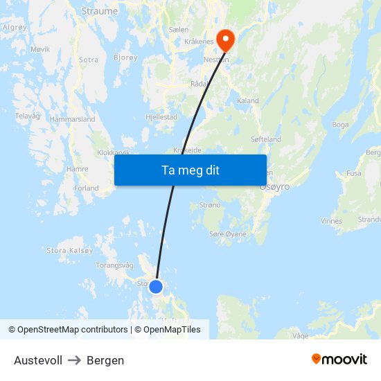 Austevoll to Bergen map