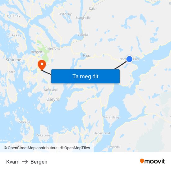 Kvam to Bergen map