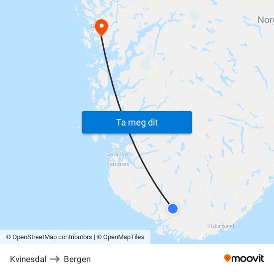 Kvinesdal to Bergen map