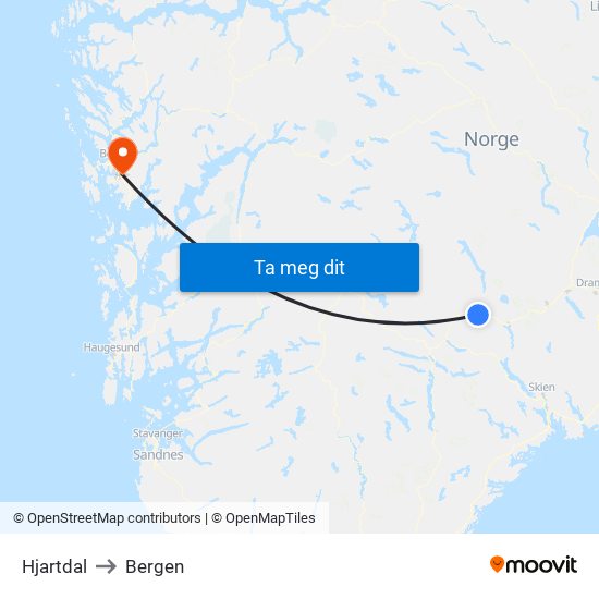 Hjartdal to Bergen map