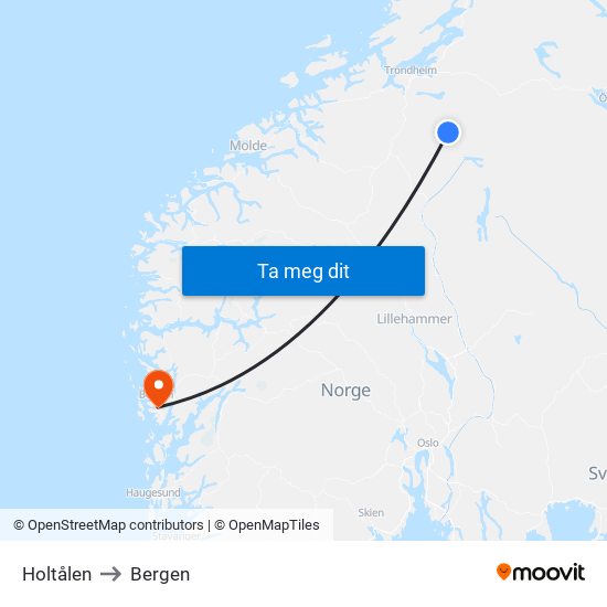 Holtålen to Bergen map