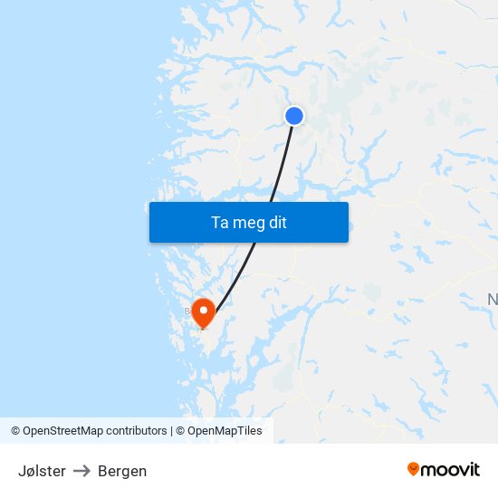 Jølster to Bergen map