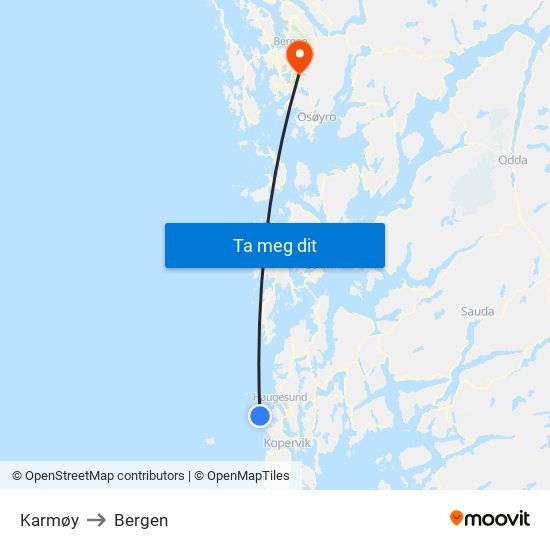 Karmøy to Bergen map