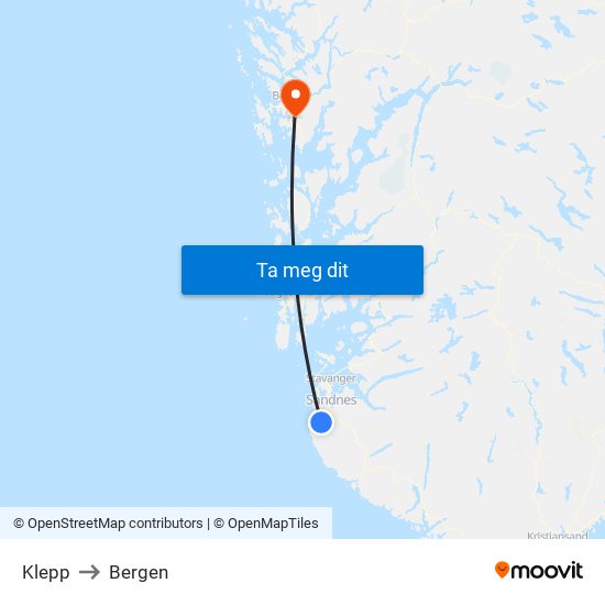 Klepp to Bergen map