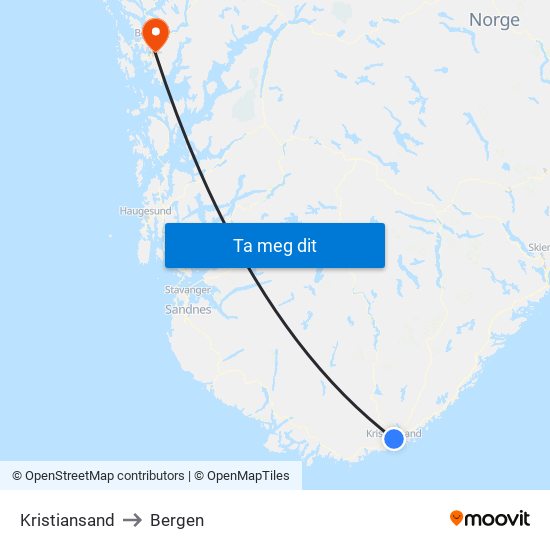 Kristiansand to Bergen map