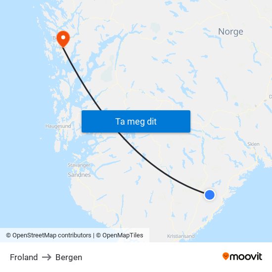 Froland to Bergen map