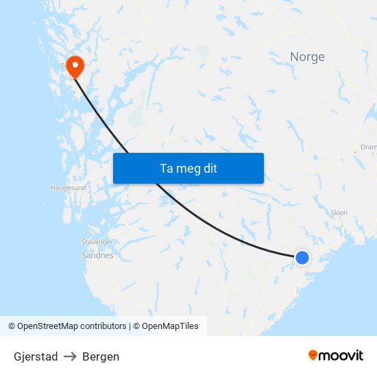 Gjerstad to Bergen map