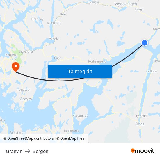 Granvin to Bergen map