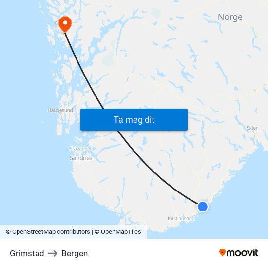 Grimstad to Bergen map