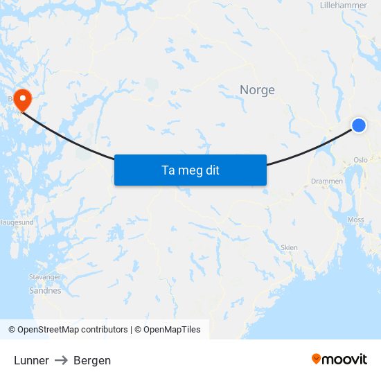 Lunner to Bergen map