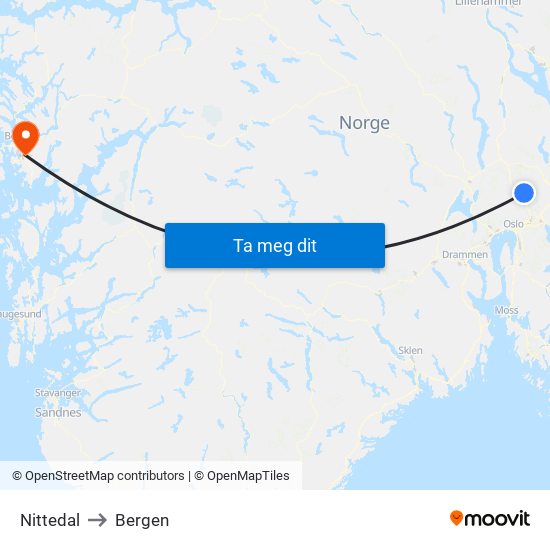 Nittedal to Bergen map