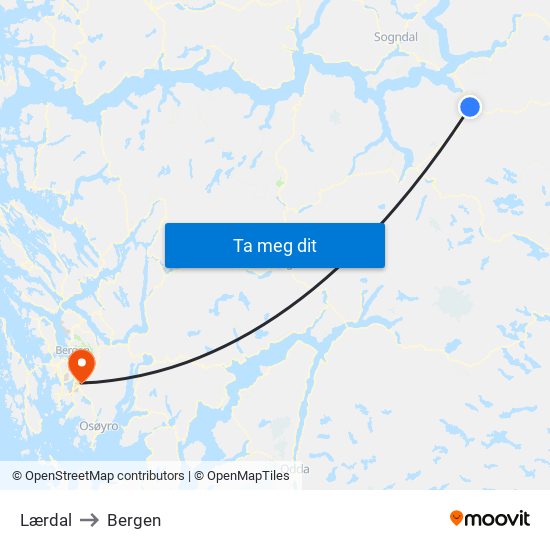 Lærdal to Bergen map