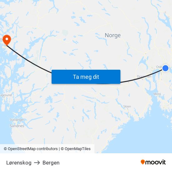 Lørenskog to Bergen map