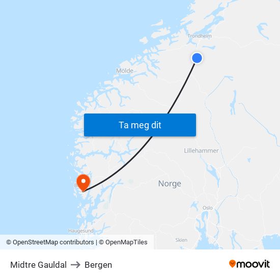 Midtre Gauldal to Bergen map
