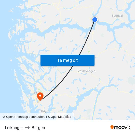 Leikanger to Bergen map