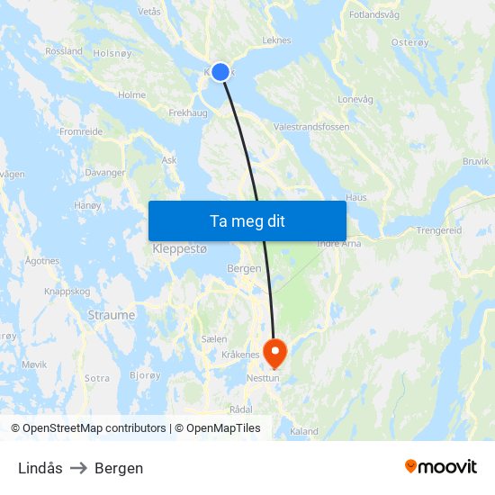 Lindås to Bergen map
