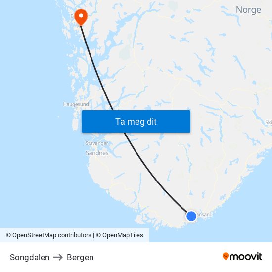 Songdalen to Bergen map