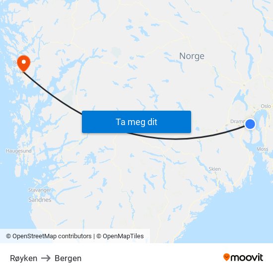 Røyken to Bergen map