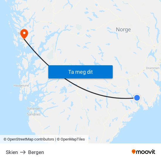 Skien to Bergen map