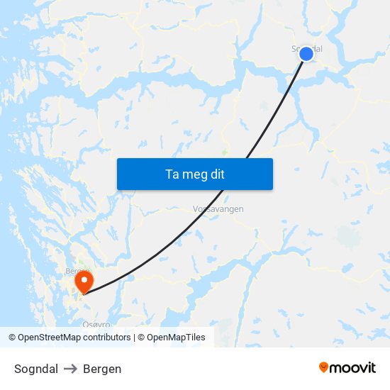 Sogndal to Bergen map