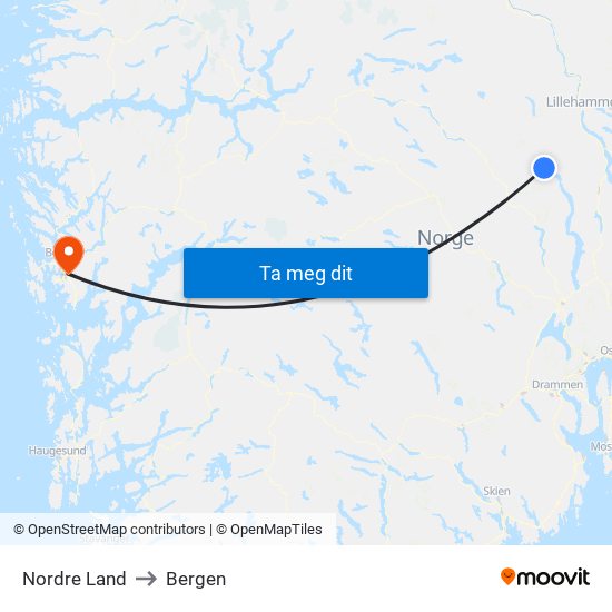 Nordre Land to Bergen map