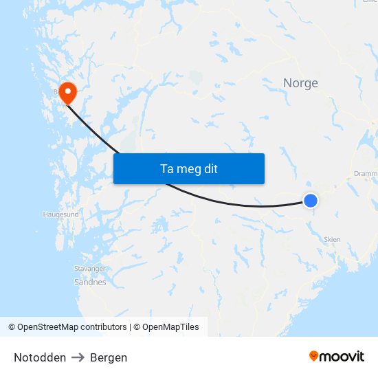 Notodden to Bergen map