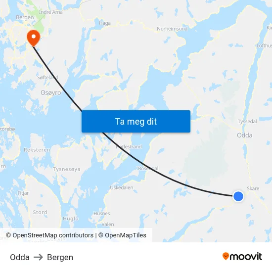 Odda to Bergen map