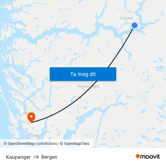 Kaupanger to Bergen map