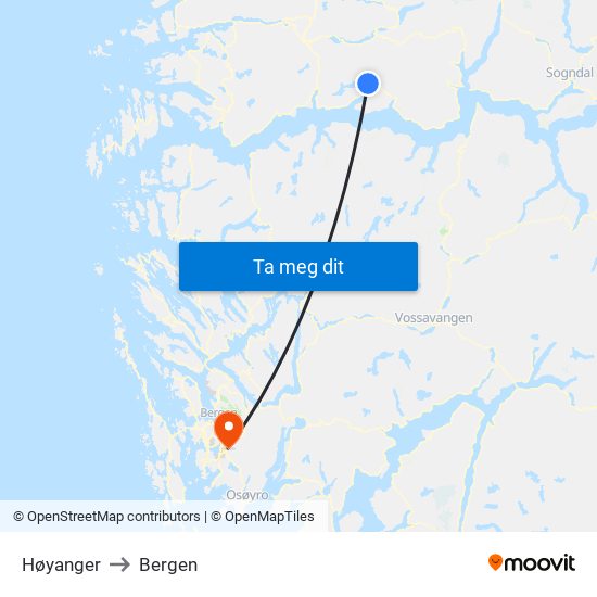 Høyanger to Bergen map