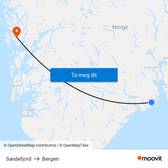 Sandefjord to Bergen map