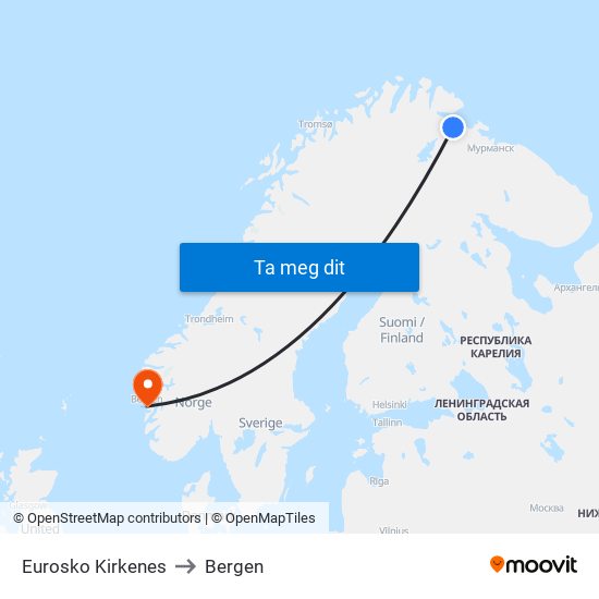 Eurosko Kirkenes to Bergen map
