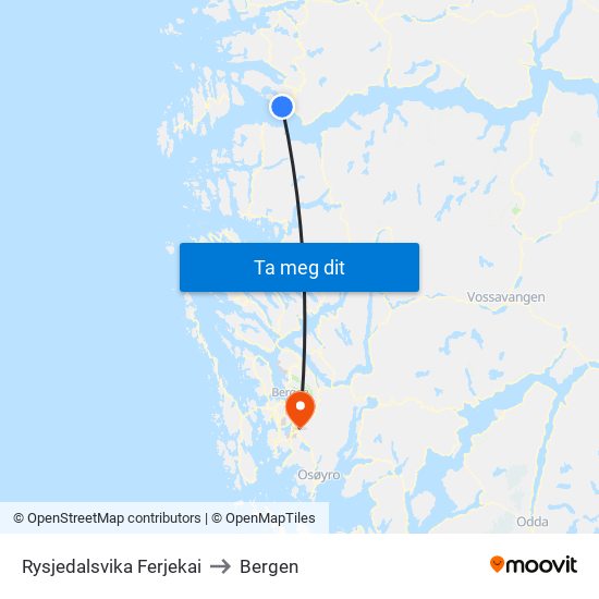 Rysjedalsvika Ferjekai to Bergen map