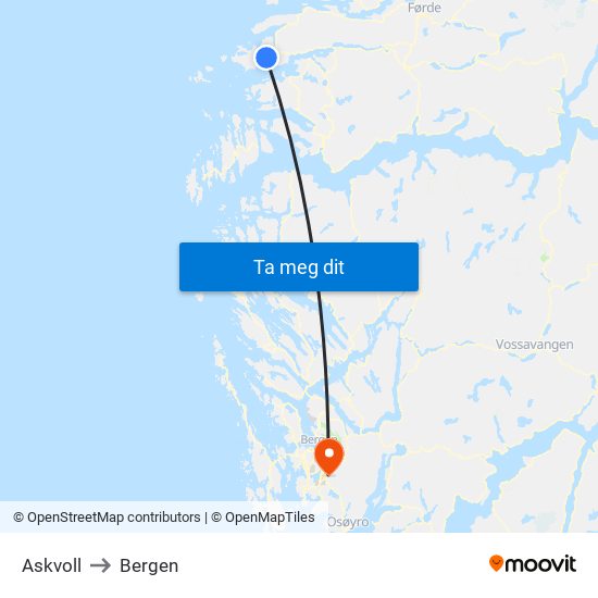 Askvoll to Bergen map