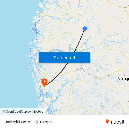 Jostedal Hotell to Bergen map