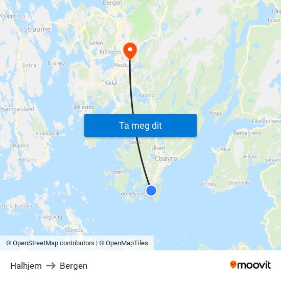Halhjem to Bergen map