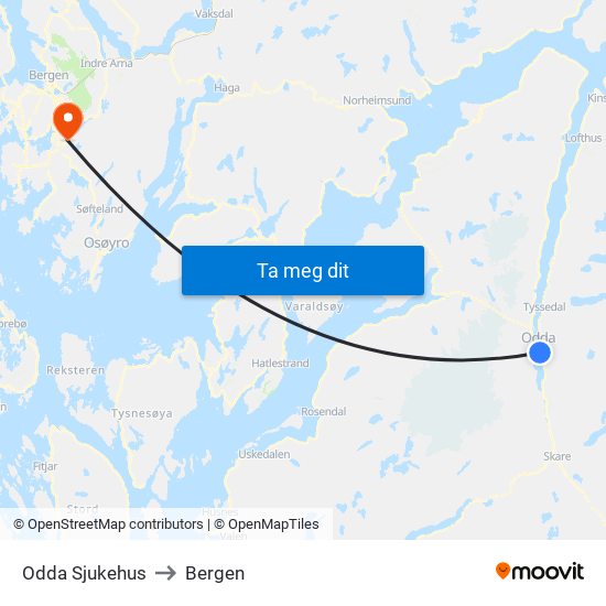 Odda Sjukehus to Bergen map