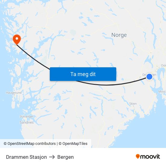 Drammen Stasjon to Bergen map