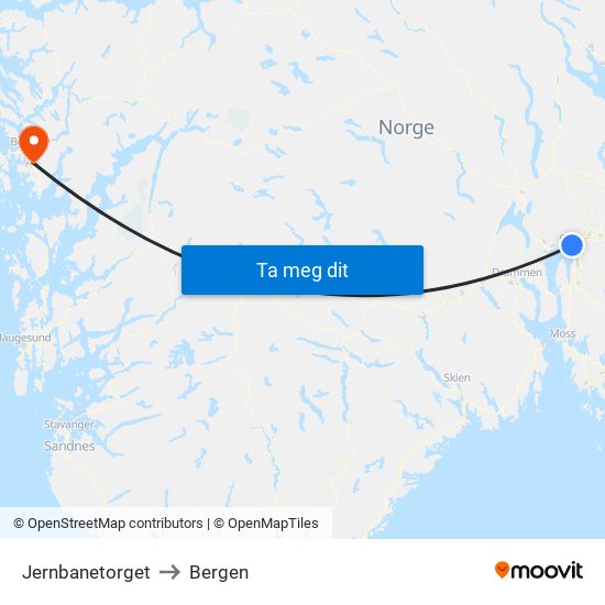 Jernbanetorget to Bergen map