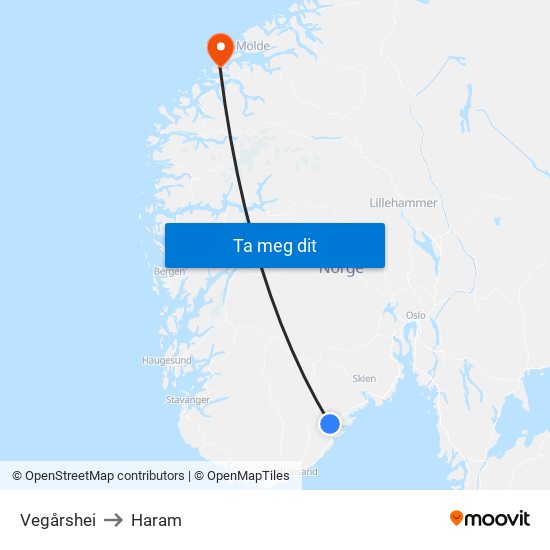 Vegårshei to Haram map