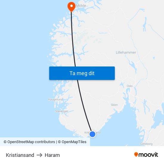 Kristiansand to Haram map